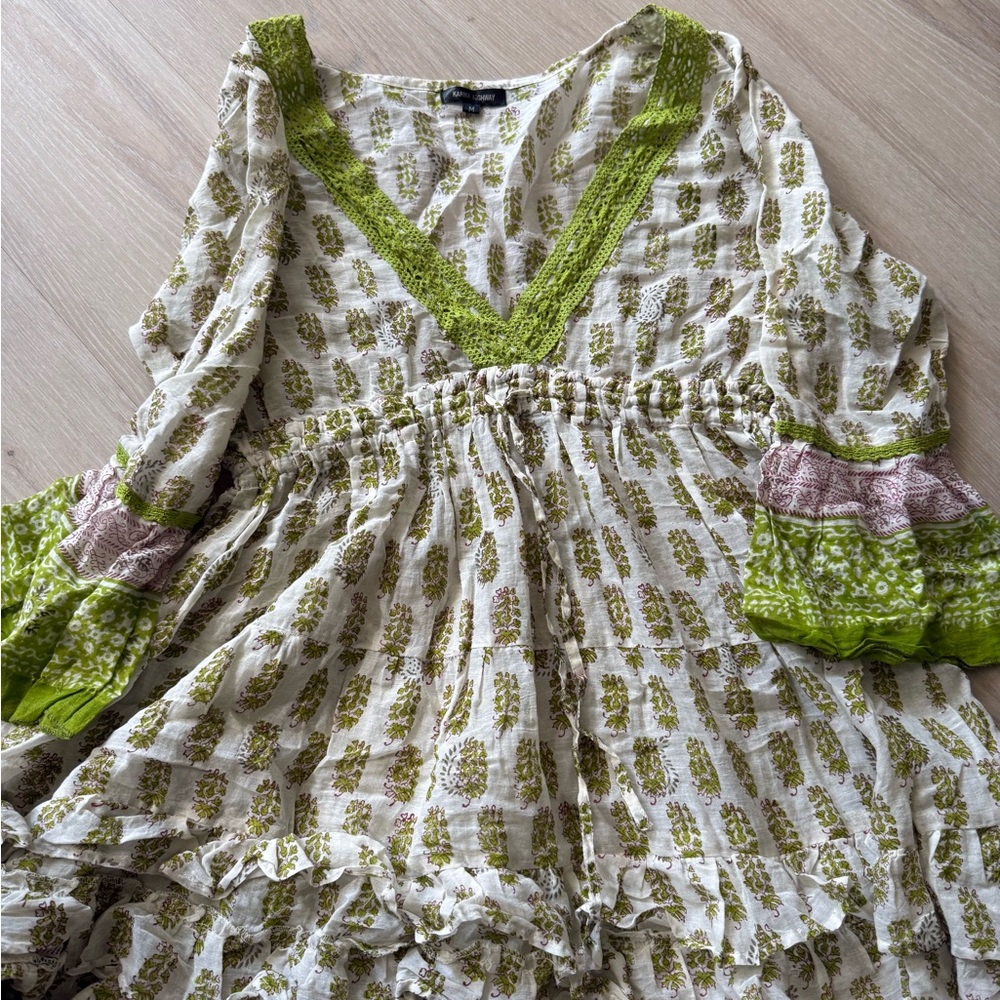 Boho Tiered Mini Dress in Olive Green and White